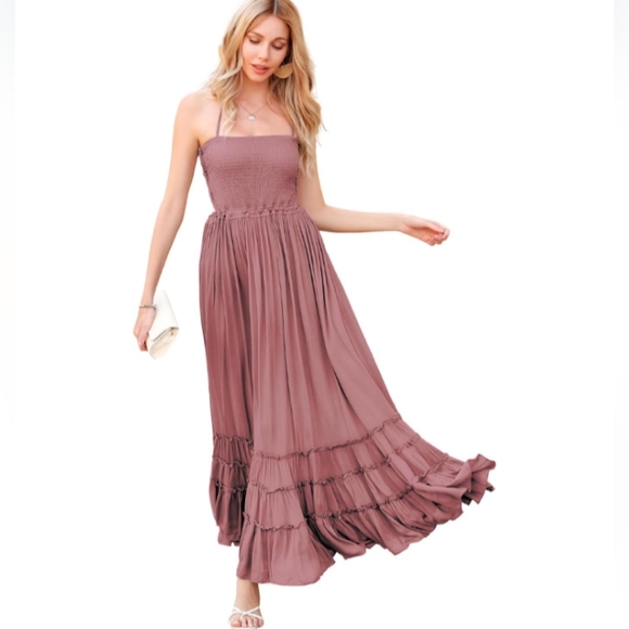 Mauve Pink Boho Maxi Halter Tie Dress Tiered Long Flowy Gauze Bohemian Vacation - Picture 1 of 13